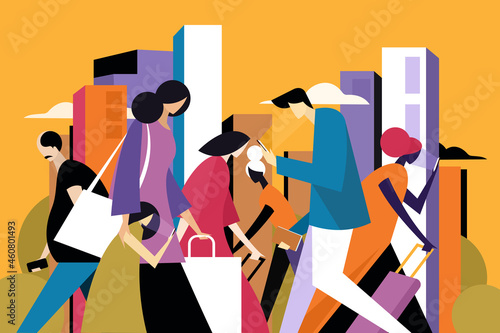 Illustration of busy people walking against the backdrop of city landscape
