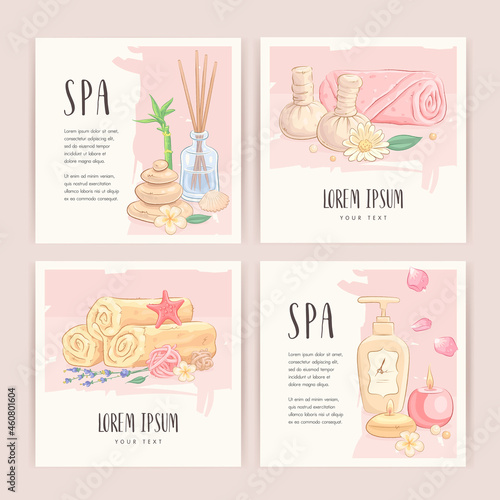 Set of square banners with hand drawn spa treatment elements