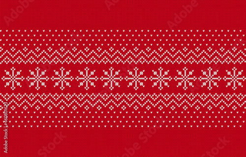 Knit seamless pattern. Red knitted texture with snowflakes. Christmas border. Fair isle traditional ornament. Xmas print. Holiday background. Festive sweater. Vector illustration.