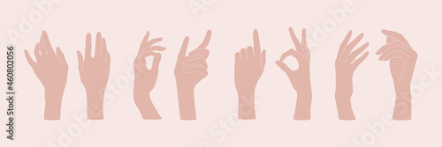 Set of flat images of female hands with various gestures