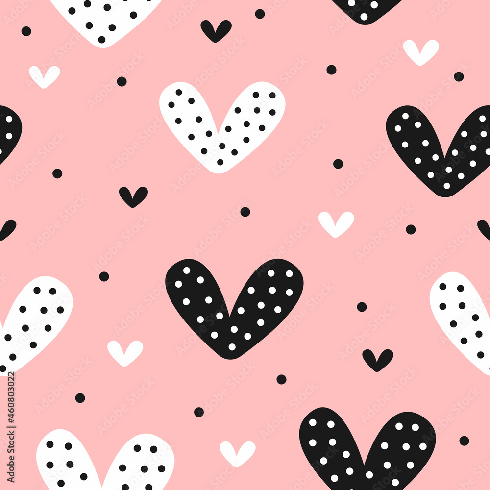 Fototapeta premium Cute seamless pattern with hearts and dots. Endless girly print. Vector illustration.