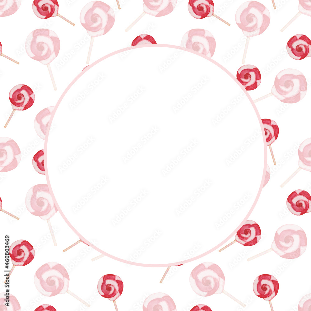 Frame from watercolor illustration hand painted lollipop candy red and white, tasty sweets for children isolated on white. Blank card template for party, birthday invitations and greetings, postcard Frame from watercolor illustration hand painted lollipop candy red and white, tasty sweets for children isolated on white. Blank card template for party, birthday invitations and greetings, postcard