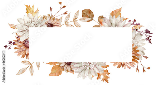 Watercolor horizontal frame with fall flowers and leaves. Orange and white autumn. Floral template. Beautiful flowers.