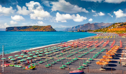 Fototapeta Naklejka Na Ścianę i Meble -  Superb summer view of Lido Paradise Beach with Fiuzzi castle and Dino island on background. Sunny outdoor scene of Mediterranean coast of Italy, Europe. Vacation concept background.