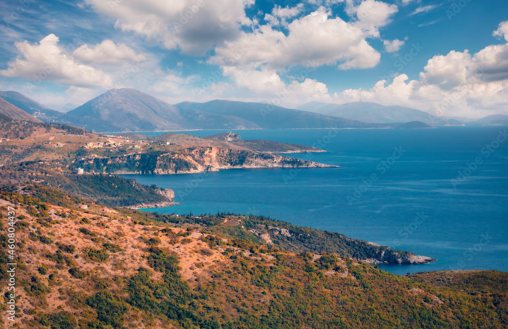 Aerial spring view of outskirts of Himara town, Vlore, Albania, Europe. Sunny morning seascape of Adriatic sea. Traveling concept background.