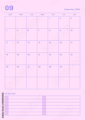 September 2022 colorful cute graphic design digital and printable calendar template illustration. Notes, scheduler, diary, calendar, memo, planner document template background.