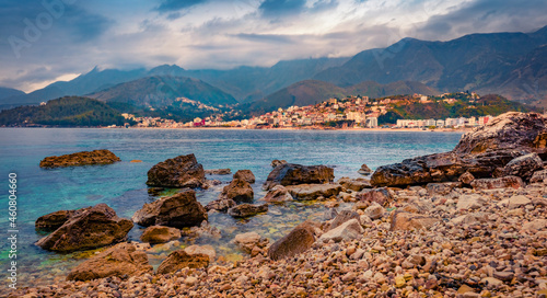 Captivating morning view of Potam Public beach. Gorgeous morning seascape of Adriatic sea. Wonderful cityscape of Himare town, Albania, Europe. Traveling concept background.