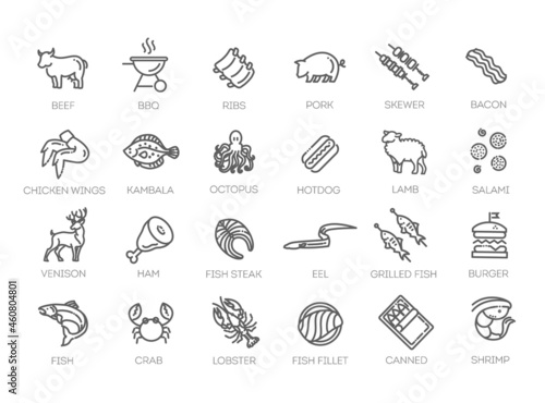 Meat  poultry  fish and eggs - minimal thin line web icon set