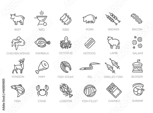 Meat, poultry, fish and eggs - minimal thin line web icon set