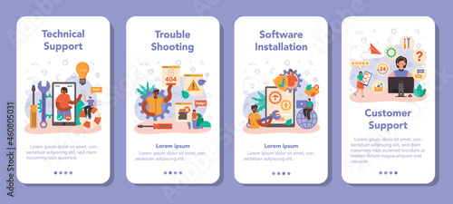 Technical support mobile application banner set. Consultant help