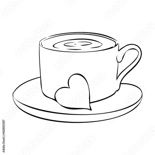 Vector illustration of a coffee cup and saucer. Heart as a decorative element. Hot drink. Tea drinking. Autumn drinks, tea, coffee.