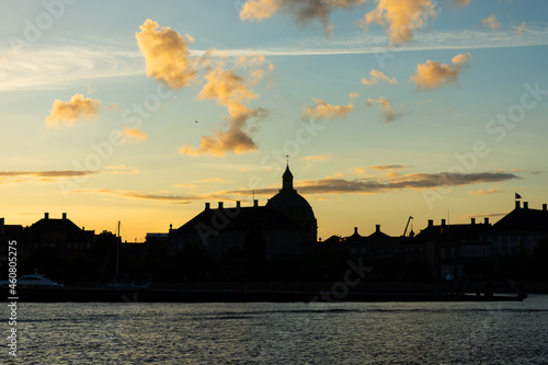 Beautiful silhouettes of buildings at sunset. Copenhagen. Denmark. European architecture.