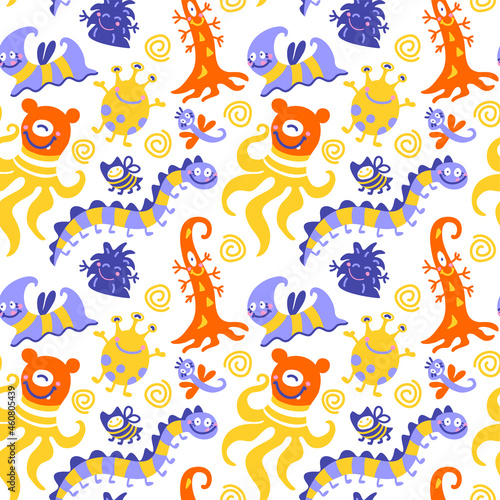 Cute monsters. Seamless pattern for kids fabric  wrapping  textile  wallpaper  apparel. Halloween. Vector. 
