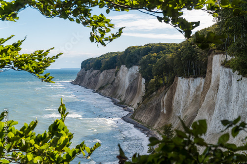 Fototapeta Naklejka Na Ścianę i Meble -  Chalk cliff coast of Jasmund National Park on the German island Ruegen with beautiful lit leaves in the foreground