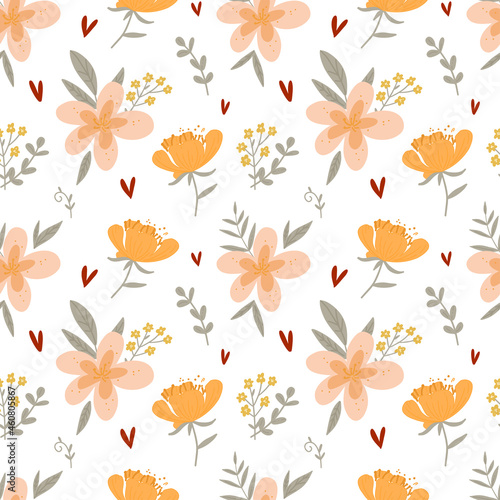 Simple flowers vector pattern. Background with wild flowers. Minimalist botanical vector