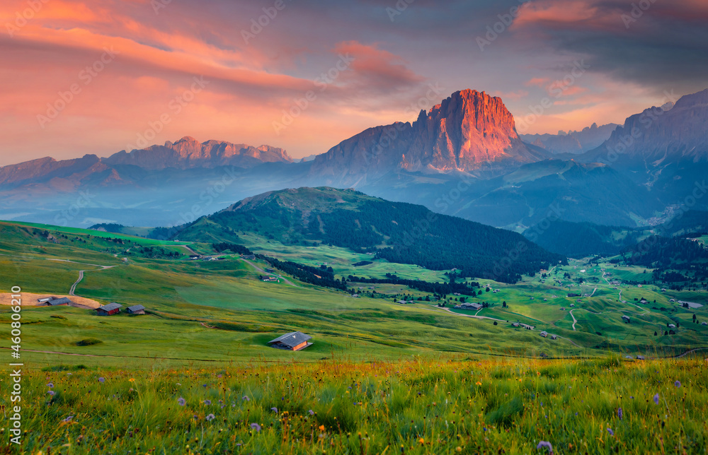 Obraz premium Fabulous summer view of Sassolungo (Langkofel) and Sella group, National Park Dolomites, South Tyrol, Italy, Europe. Gorgeous morning scene of Gardena valley, Dolomiti Alps.