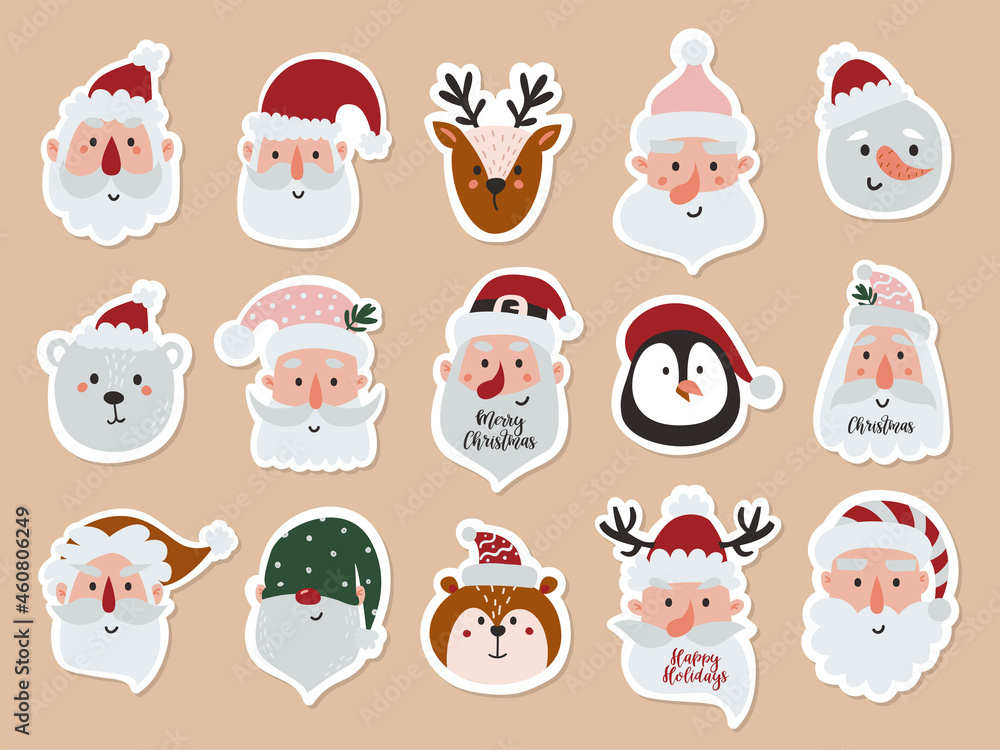 Set of stickers with santa faces and animals. Set of stickers with santa faces and animals.