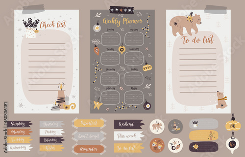 Christmas set with Christmas cards, notes, stickers, labels, stamps, tags with christmas illustrations