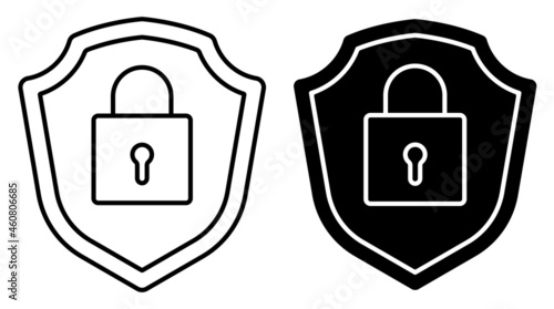 Linear icon. Locked padlock on background of shield. Reliable secure storage of information and property. Simple black and white vector isolated on white background