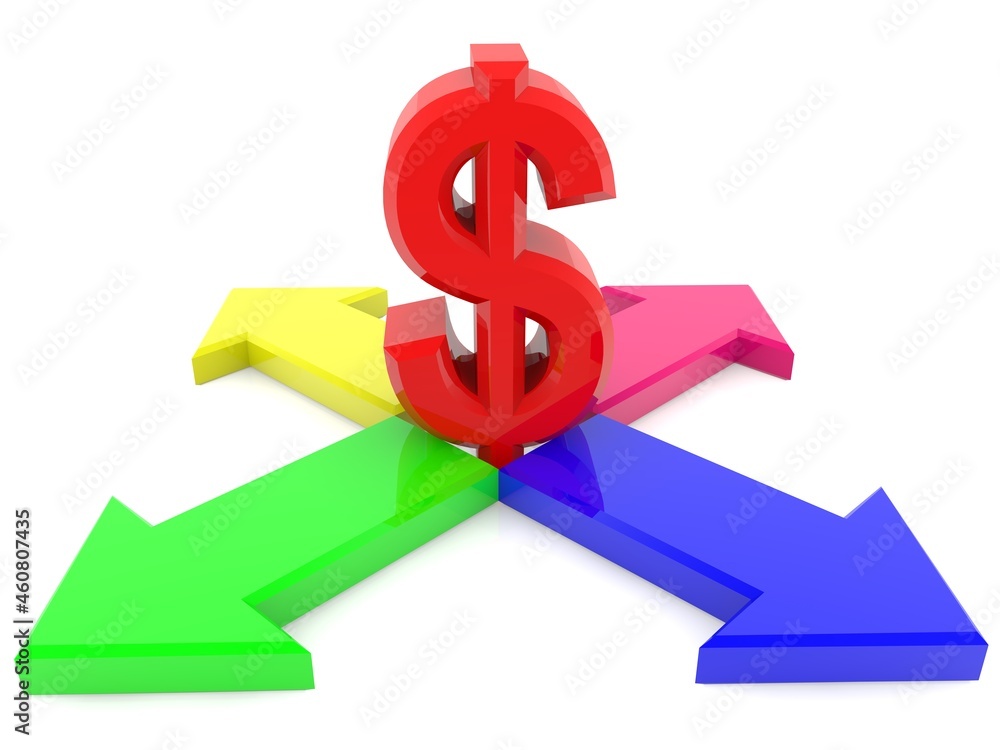 Red dollar sign between colored arrows on white Red dollar sign between colored arrows on white