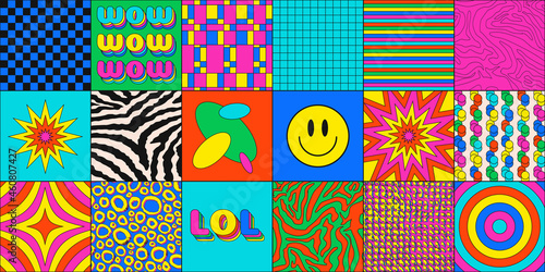 Set Of Abstract Trendy 90s Textures and Backdrops. Cartoon Style Modern Backgrounds Vector Design. Colorful hipster artwork.