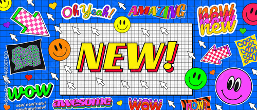 Trendy Abstract Cool Background with Stickers 90s Design. New Collection Arrival Cool Banner. Comic Illustration.