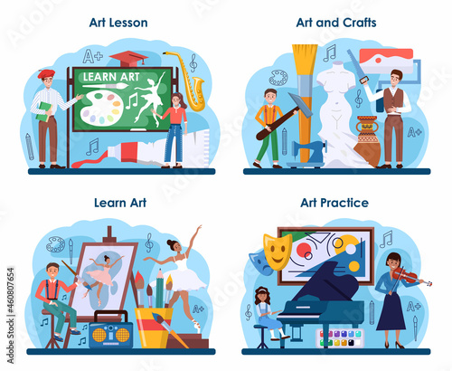 Art school education set. Student holding art tools learning