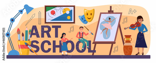 Art school typographic header. Student holding art tools learning how to draw