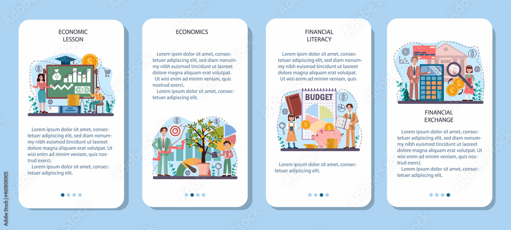 Economy school subject mobile application banner set. Student studying