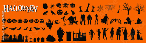 Collection of vector elements for Halloween Party Celebration. Set of graphics for flyers, posters, banners. Silhouettes of witches, monsters, pumpkins and other stranger and spooky things.