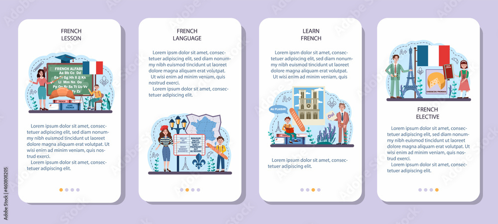 French language concept set. Language school french course. Study foreign