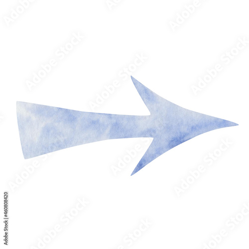 Watercolor illustration hand painted blue arrow showing the way, direction on the road isolated on white background. Sign clip art element for design postcards, packaging paper, fabric textile