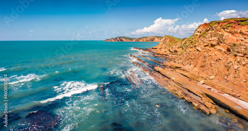 Splendid spring view from flying drone of Dalan and Voge hiking area. Colorful seascape of Adriatic sea. Majestic morning scene of Albania, Europe. Beauty of nature concept background.