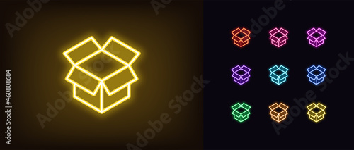 Outline neon unbox icon. Glowing neon box sign, open package and cargo photo