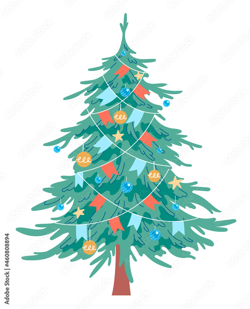 Decorated Christmas tree. Vector, isolated on white background Decorated Christmas tree. Vector, isolated on white background