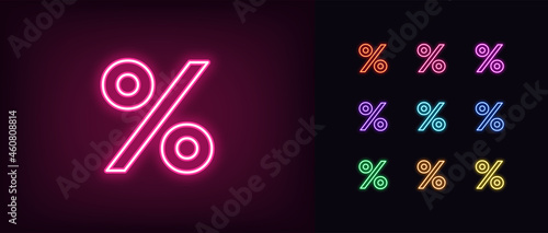Outline neon percentage icon. Glowing neon percent sign, discount pictogram in vivid colors photo