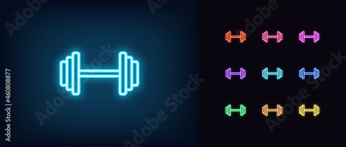 Outline neon dumbbell icon. Glowing neon dumbbell sign, gym pictogram in vivid colors