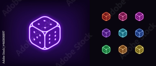 Outline neon dice icon. Glowing neon dice sign, playing cube pictogram in vivid colors