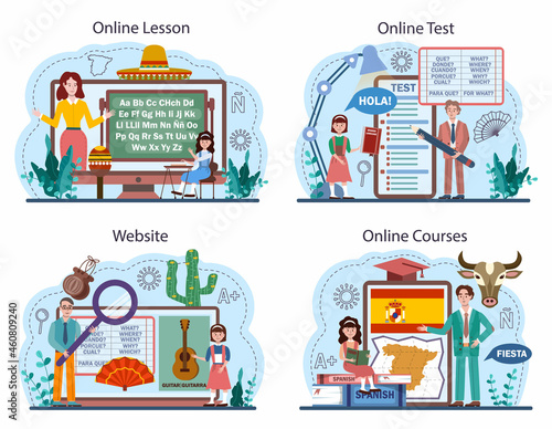 Spanish learning online service or platform set. Language school photo