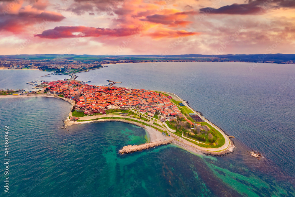Wonderful spring view from flying drone of old town of Nessebar. Picturesque seascape of Black sea. Aerial outdoor scene of Bulgaria, Europe. Traveling concept background. Beautiful summer scenery. - obrazy, fototapety, plakaty 