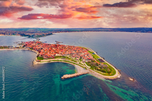 Wonderful spring view from flying drone of old town of Nessebar. Picturesque seascape of Black sea. Aerial outdoor scene of Bulgaria, Europe. Traveling concept background. Beautiful summer scenery. photo