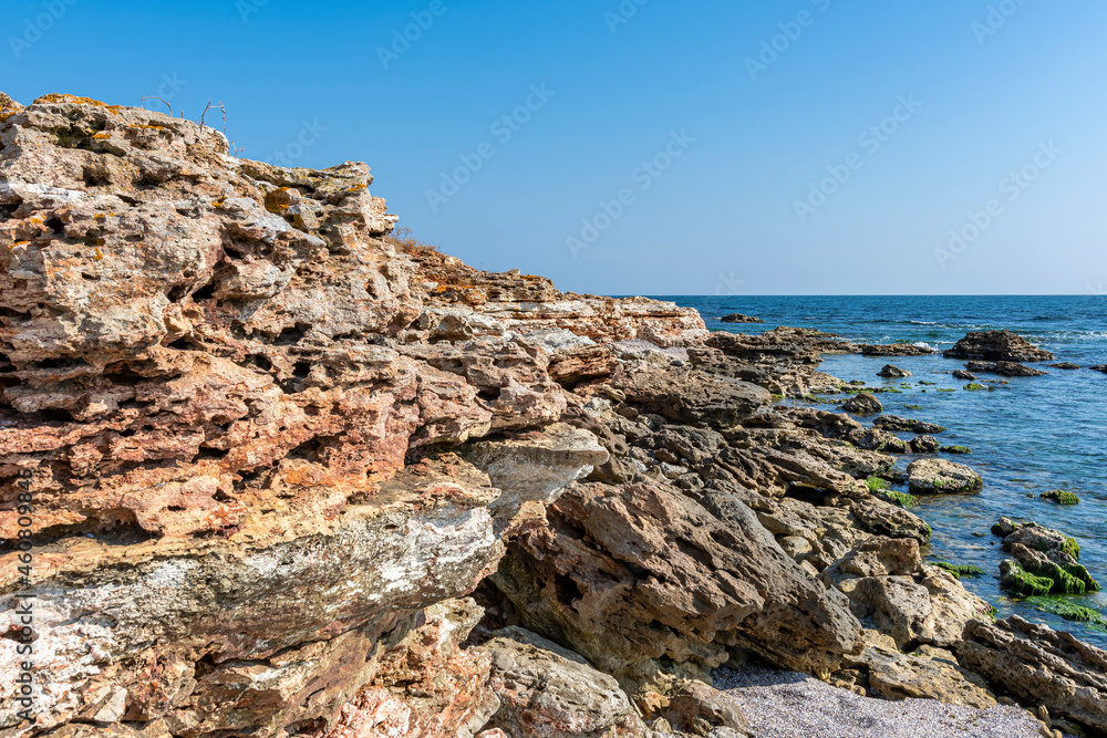 Eroded rock formations on the seashore near the village of shabla
