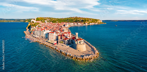 Attractive morning cityscape of Piran town. Splendid summer scene of Slovenia’s Adriatic coast with beautiful Venetian architecture. Exciting Mediterranean seascape. View from flying drone. © Andrew Mayovskyy