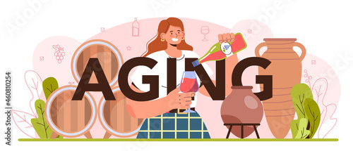 Aging typographic header. Wine production in a wood barrel or clay amphora
