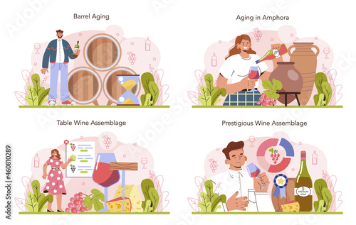 Wine production concept set. Wine aging in a wood barrel or clay amphora.