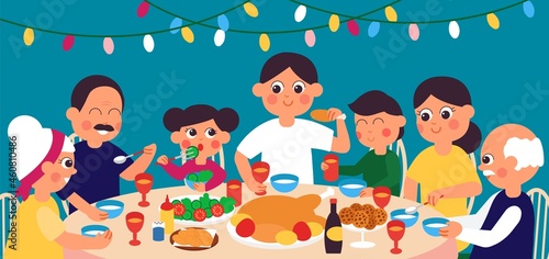 Family festive dinner. Christmas table, eat together. Happy fest lunch, parents and children reunion. Friends celebrating, diverse meals decent vector concept photo