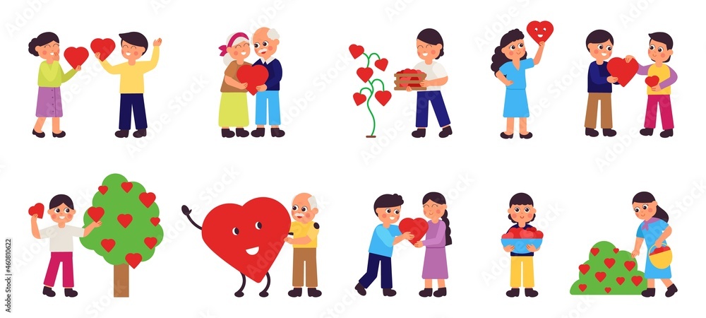 People sharing hearts. Giving heart, children and adults with love symbols. Donations and charity, volunteering. Support community decent vector characters