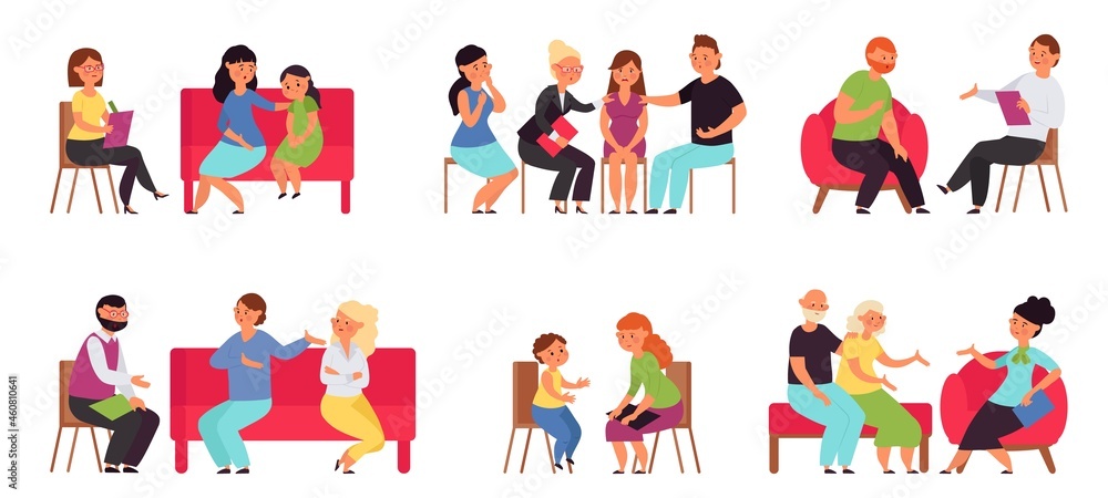 Fototapeta premium Family psychotherapy. People on psychologist, senior and young couple therapy consulting. Mental health, female support group decent vector set
