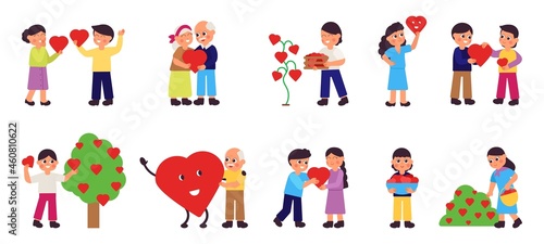 People sharing hearts. Giving heart, children and adults with love symbols. Donations and charity, volunteering. Support community decent vector characters