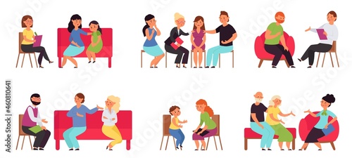 Family psychotherapy. People on psychologist, senior and young couple therapy consulting. Mental health, female support group decent vector set